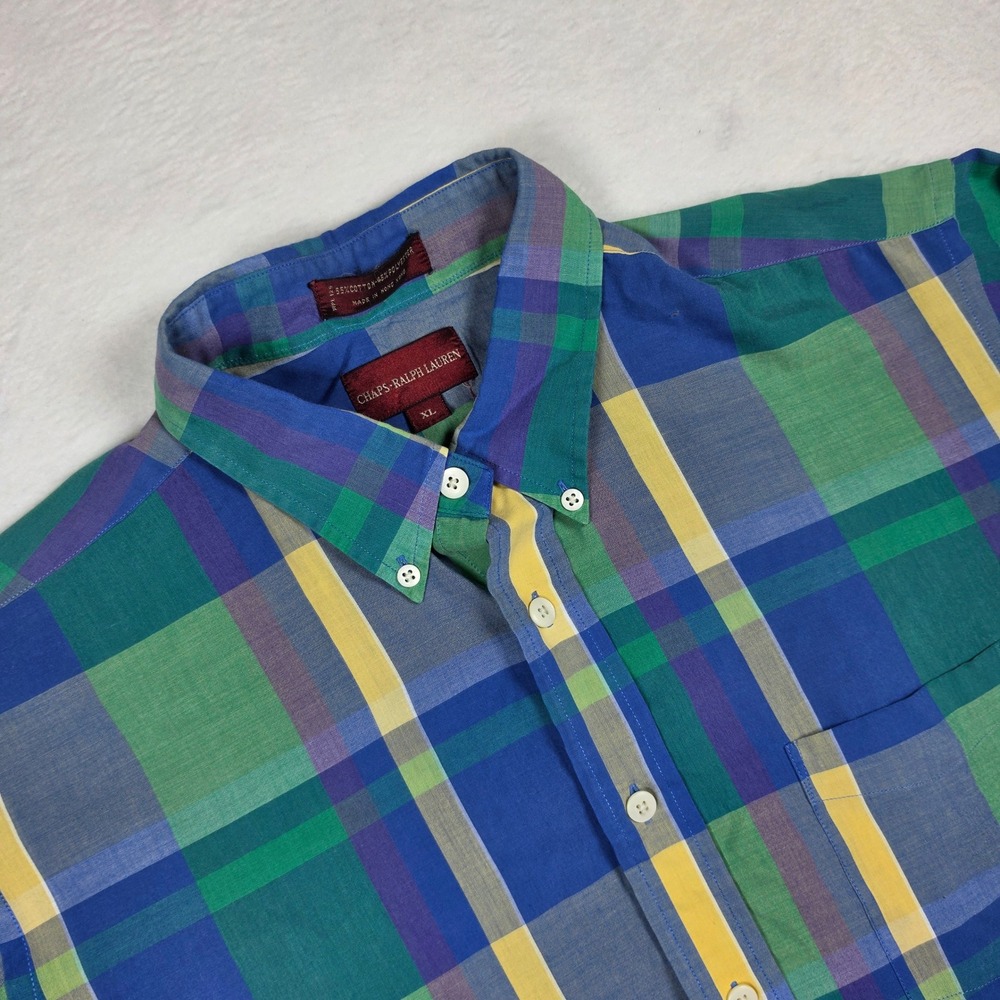 Vintage Chaps Ralph Lauren Mens XL Short Sleeve Button Down Shirt Blue Green